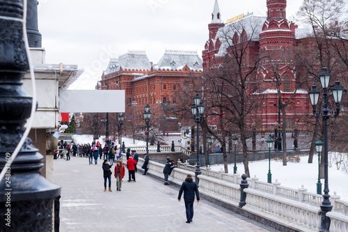 Moscow, Okhotny Ryad, people walking on the street, city center, Moscow city center, historical Museum building, Moscow winter 2019