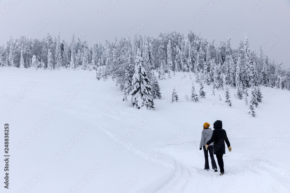 Tourists walking a snowy trail in the mountains