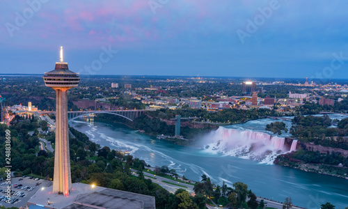 Photos Night aerial view of the Skylon Tower and the beautiful Niagara Falls