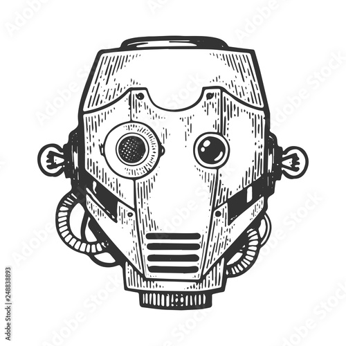 Cyborg robot metal head engraving vector illustration. Scratch board style imitation. Black and white hand drawn image.