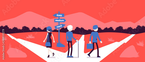 People choosing a path, way, life direction. Three people pick out alternatives between easy, medium, hard road pointers, management and guidance metaphor. Vector illustration, faceless characters