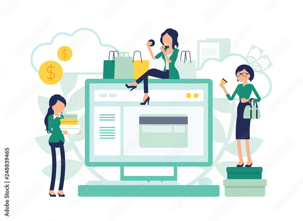 Online shopping electronic commerce and female consumers. Women customers buying goods, services over the Internet, paying with card, giant monitor symbol. Vector illustration with faceless characters Online shopping electronic commerce and female consumers. Women customers buying goods, services over the Internet, paying with card, giant monitor symbol. Vector illustration with faceless characters