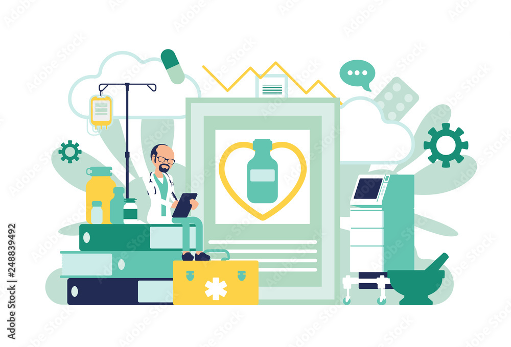 Male doctor, general practitioner working. Professional clinic and giant hospital equipment, files and examination paper. Medicine, healthcare concept. Vector illustration with faceless characters