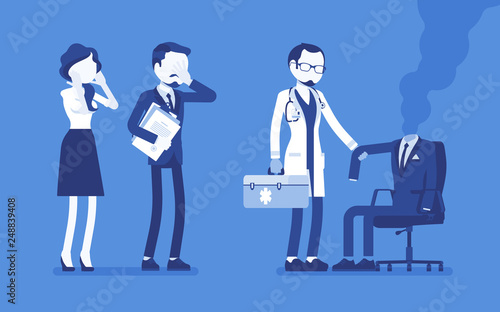 Burnout office worker and a doctor. Employee empty suit, man in exhaustion, lost physical, emotional strength, motivation, stress and frustration at workplace. Vector illustration, faceless characters