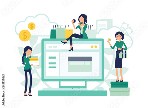 Online shopping electronic commerce and female consumers. Women customers buying goods, services over the Internet, paying with card, giant monitor symbol. Vector illustration with faceless characters © andrew_rybalko