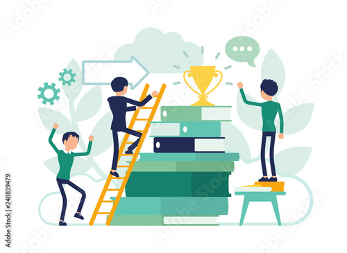 Education ladder leading to future life success. Young male students studying in school or university, college training lessons to get certificate, motivation. Vector illustration, faceless characters photo