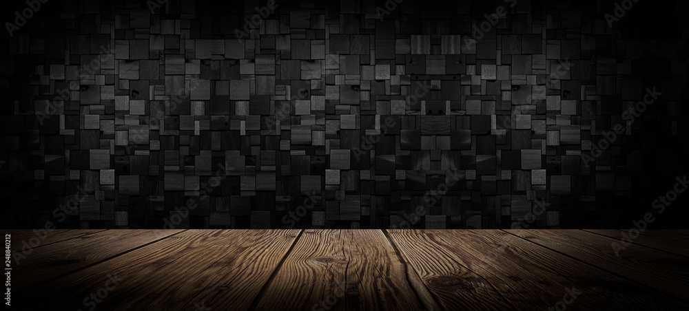 background of an empty black room, a cellar, lit by a searchlight. Brick black wall and wooden floor