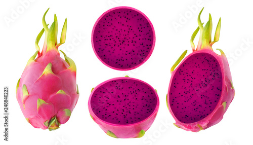 Isolated dragonfruit. Collection of whole and cut red-fleshed pitahaya fruits isolated on white background with clipping path