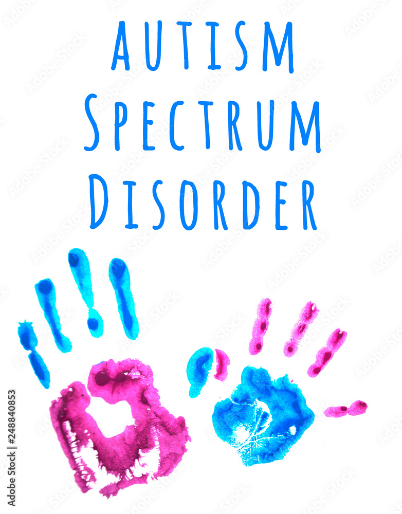 Pink and blue color child's and parent's handprints isolated on white. World autism awareness day concept. Pink and blue color child's and parent's handprints isolated on white. World autism awareness day concept.