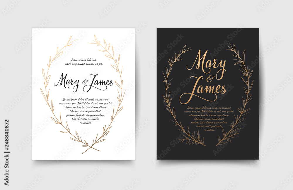 Set of Wedding Invitations with Hand Drawn Laurel Wreaths. Vintage design Set of Wedding Invitations with Hand Drawn Laurel Wreaths. Vintage design