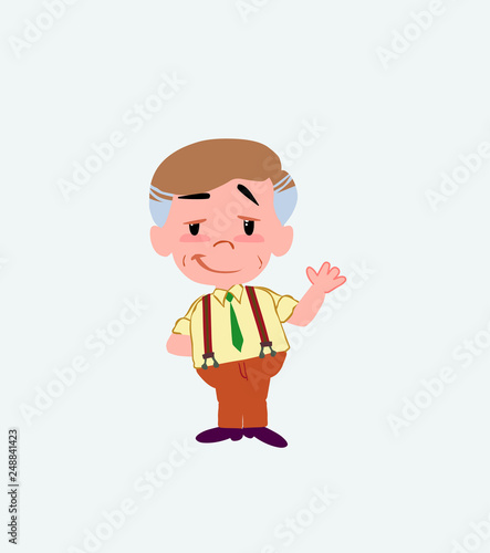Businessman in casual style waving with a dreamy expression.