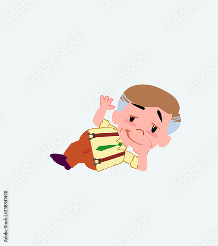 Businessman in casual style lying, greets with a dreamy expression.