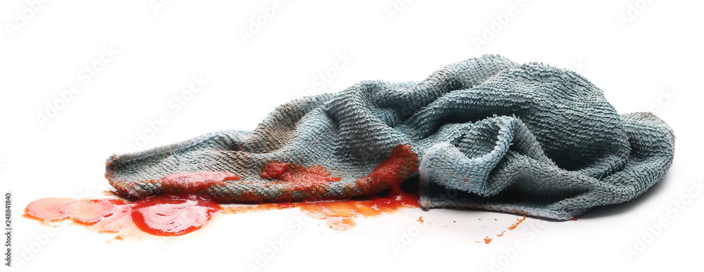 Cloth rag with stains on white background. Stock Photo