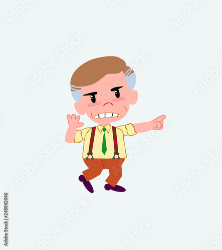 Businessman in casual style points angrily to his left.