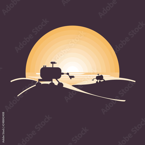 Mars colonization futuristic landscape with rover mars in desert.Negative space illustration