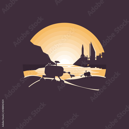 Mars colonization futuristic landscape with colony base and rover mars.Negative space illustration