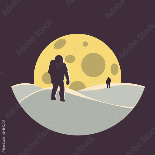 colonization futuristic landscape with astronaut and moon.flat design