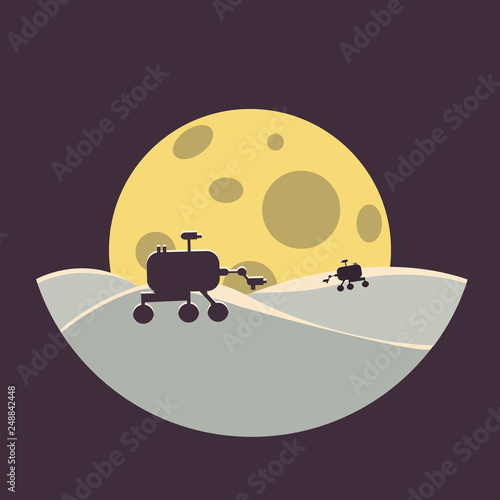 colonization futuristic landscape with rover and moon. flat design