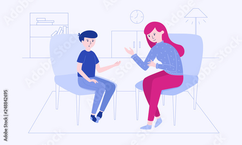 Boy, who came to behavioral therapy due to his social problems. Psychotherapist and a client, discussing the ways of behavioral changing concept. Colorful vector illustration for web and printing.