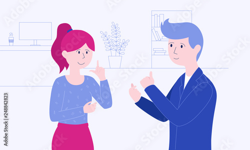 Two colleagues are speaking sign language on there workplace. Hearing impairment concept vector illustration for web and printing.
