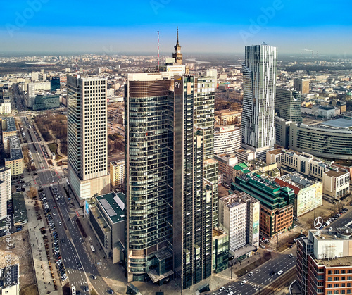WARSAW, POLAND - FEBRUARY 10, 2019: Beautiful panoramic aerial drone view to panorama cityscape of Warsaw modern City, PKiN and "Rondo 1" office skyscraper located at Rondo ONZ