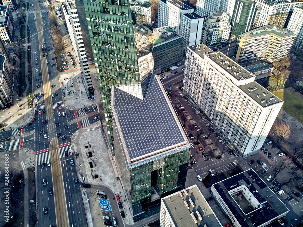 WARSAW, POLAND - FEBRUARY 10, 2019: Beautiful panoramic aerial drone view to panorama of Warsaw modern City, Q22 - neomodern office skyscraper designed by APA Kuryłowicz & Associates