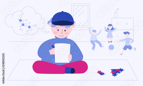 The boy with Asperger's syndrome, who's solving chemial reaction equation, while the children are playing ball behind him. Colorful vector illustration for web and printing.