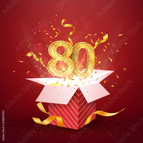 80 th years number anniversary and open gift box with explosions confetti isolated design element. Template eighty eightieth birthday celebration on red background vector Illustration.