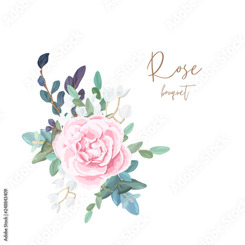 Decorative corner composition of pale roses, white spring flowers, eucalyptus and succulents. Light floral bouquet for wedding invitations and romantic cards. Hand drawn vector illustration.