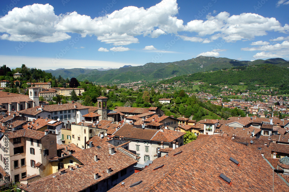 The roofs of Bergamo. View of the Alps.