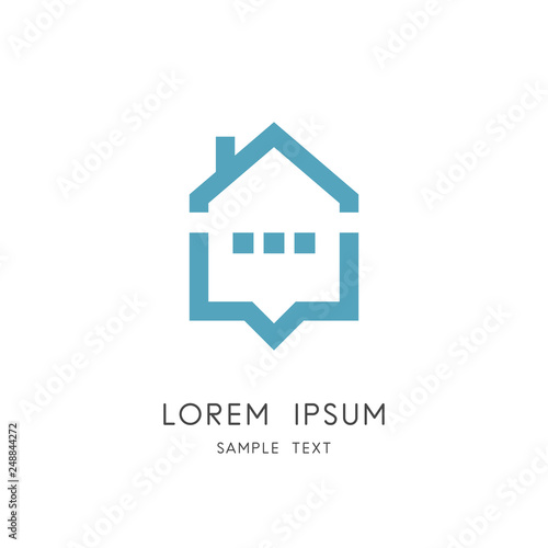 Chat and home logo - house with chimney and message symbol. Realty and estate agency, family therapy and psychological counseling vector icon.