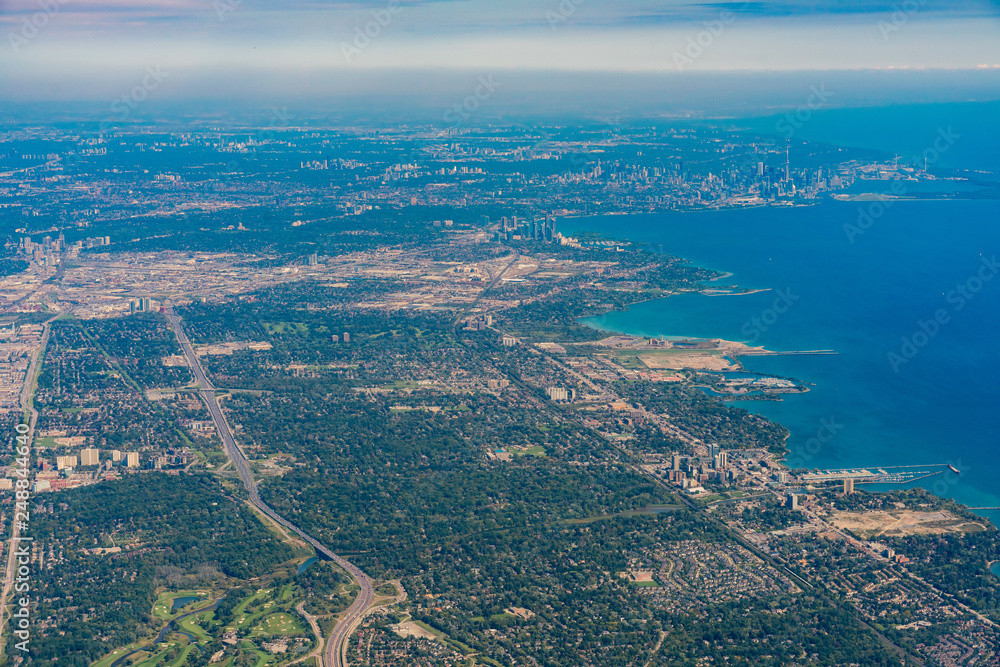 Aerial view of the Mississauga and Toronto area cityscape