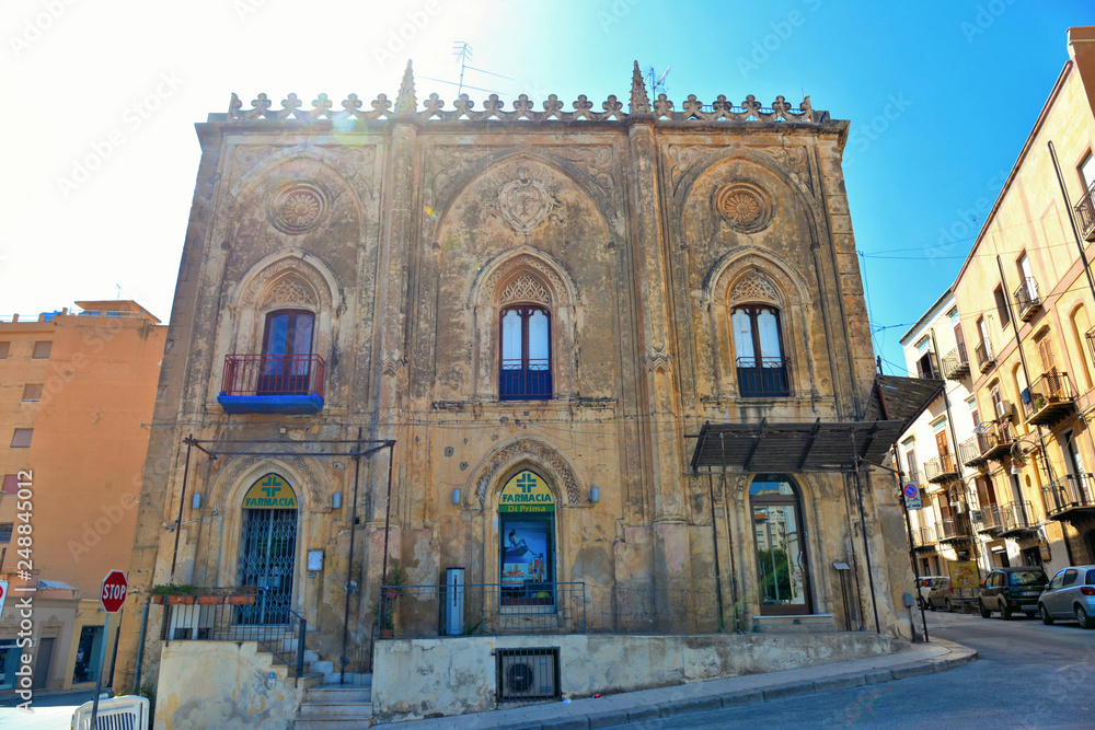 Sciacca, Agrigento, Sicily, Italy. Cityscape with old historical buildings and facade of medieval house.