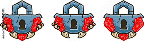 Set of iron padlocks with red gemstones