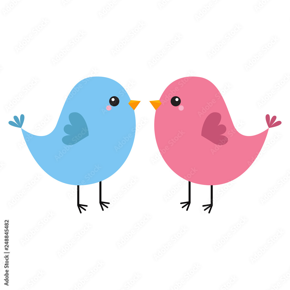 Pink and blue bird couple. Happy Valentines Day. Love Greeting card. Cute cartoon kawaii baby character. Flat design. White background. Isolated.