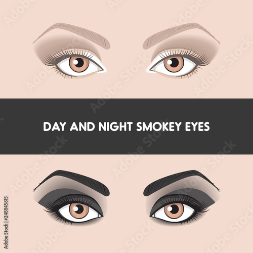 Day and night smokye eyes. Two different types of popular makeup smokey eyes. Brown and black smokey with shading. Evening and day makeup