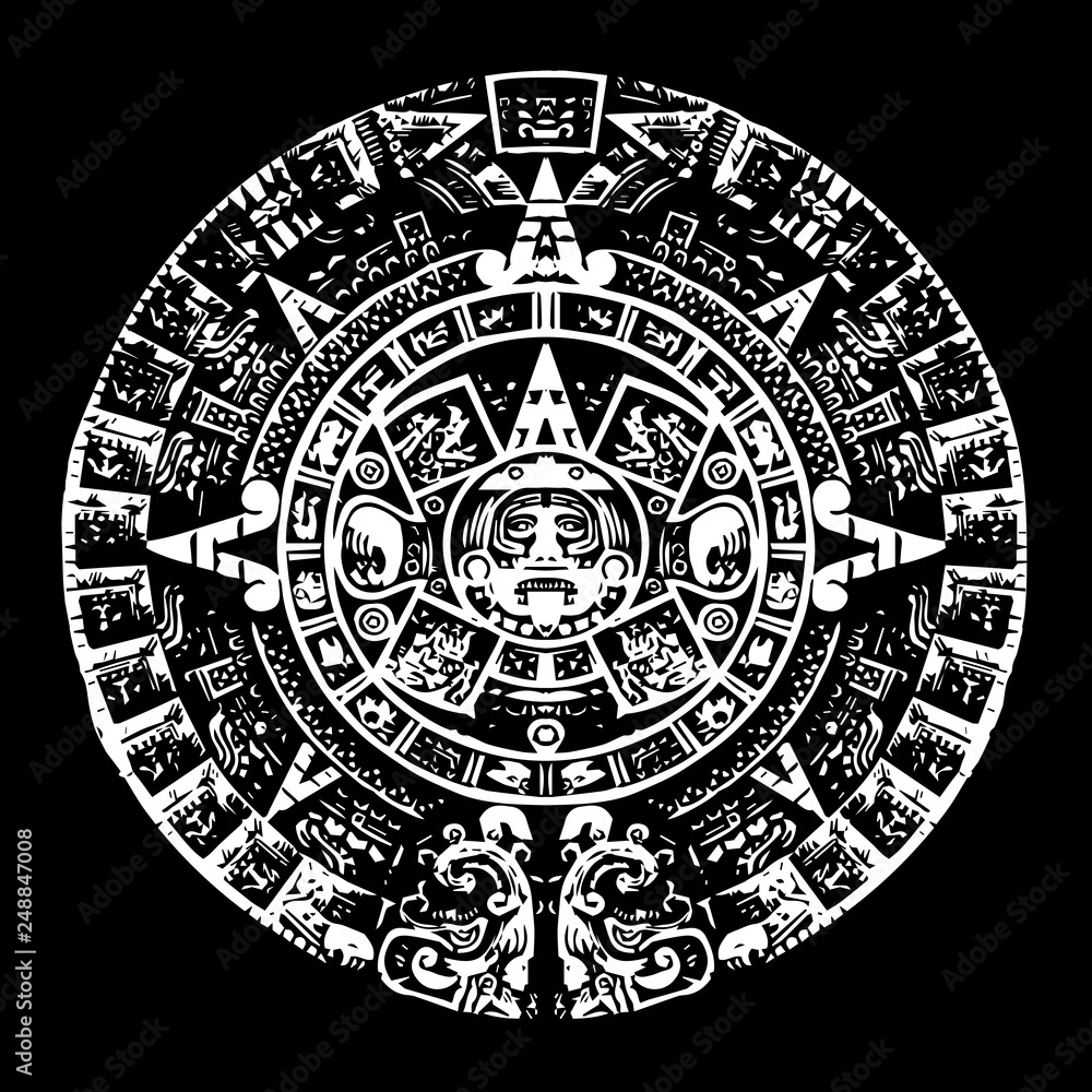 Mayan calendar, black and white with high detail, culture Mayan calendar, black and white with high detail, culture