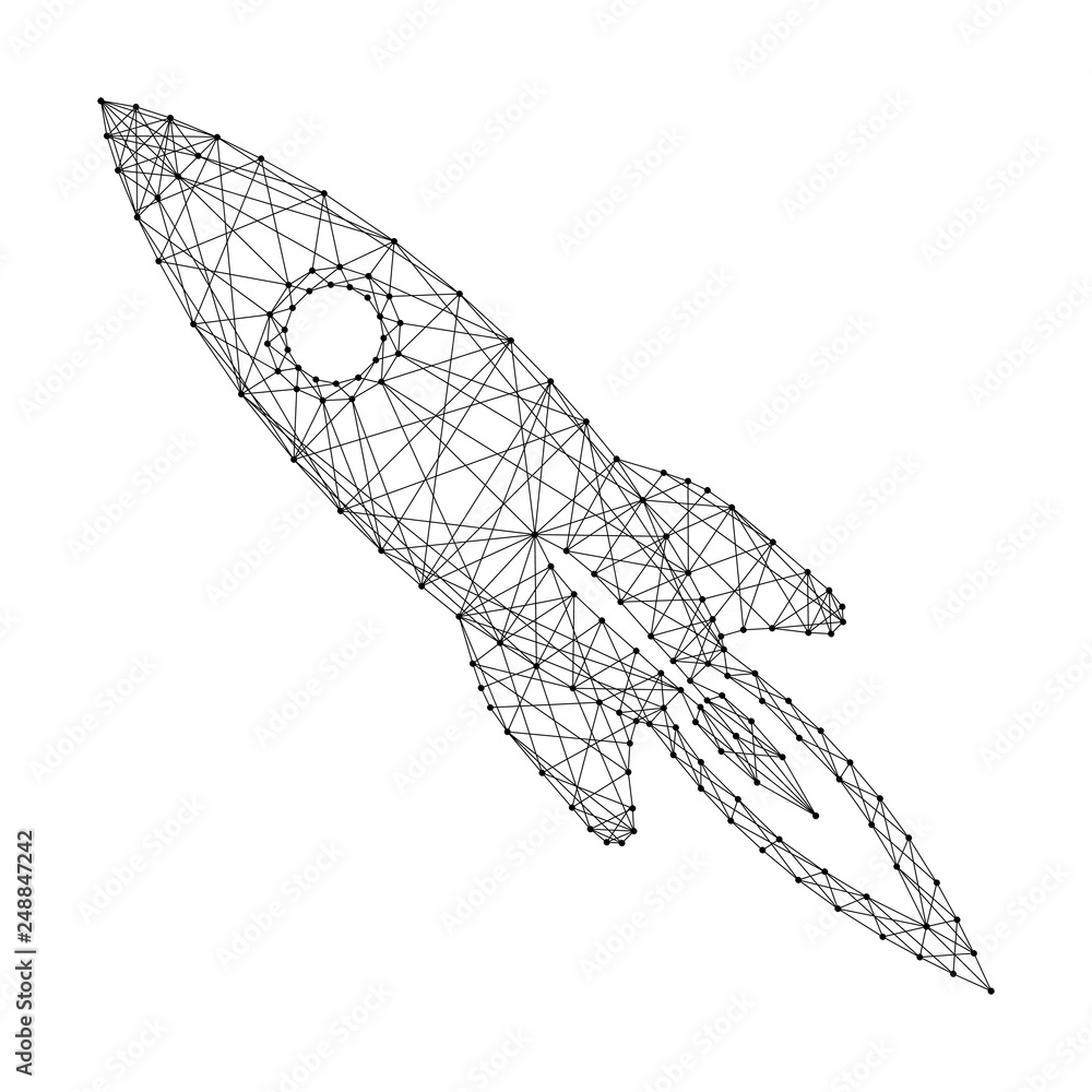 Space rocket taking off cartoonish from abstract futuristic polygonal black lines and dots. Vector illustration. Space rocket taking off cartoonish from abstract futuristic polygonal black lines and dots. Vector illustration.