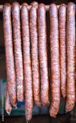 Closeup of traditional hungarian pork sausages for sale on farmers market
