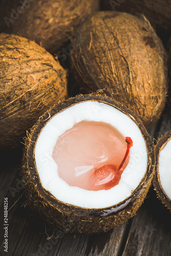 Sweet cocktail in coconut. Selective focus. Shallow  depth of field.