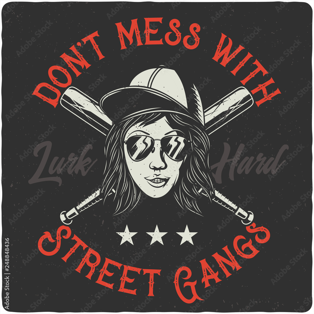 Φωτογραφία T-shirt or poster label design with illustration of a bandit girl with sun glasses, hat and baseball bats