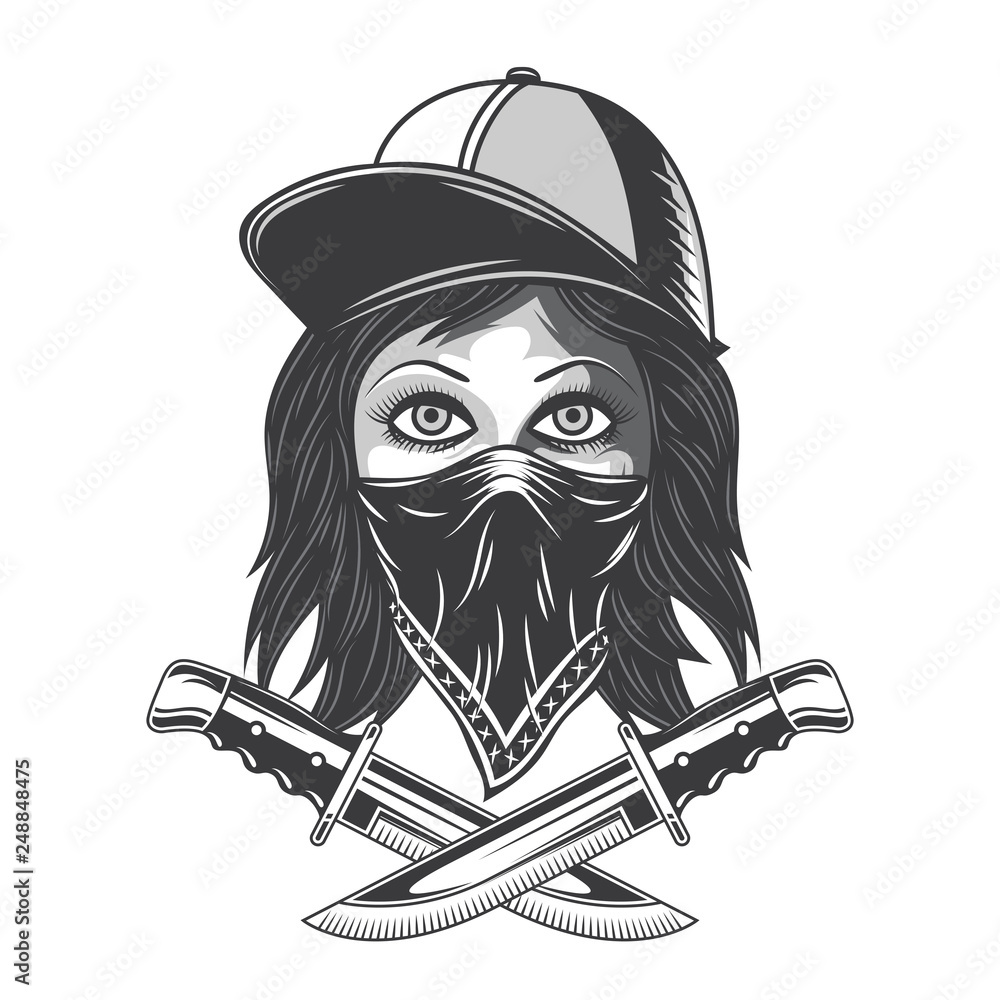 Illustration of a bandit girl with bandana, hat and knives. Isolated on  white background. Stock Vector | Adobe Stock