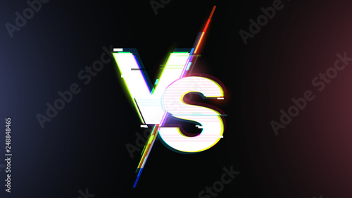 Versus logo vs letters in distorted glitch style. Design composition for various competition, battle or match. Vector illustration.