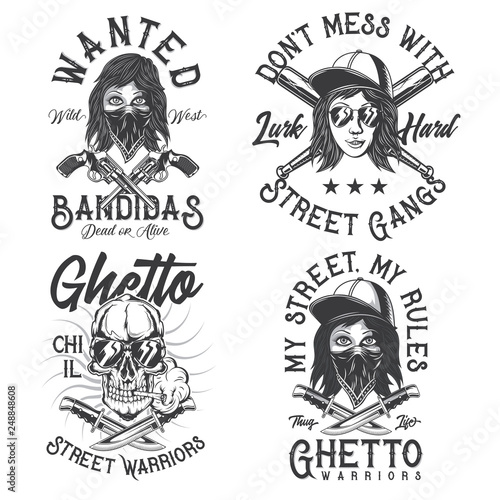 Criminal theme monochrome labels set with hand drawn illustrations of bandit girl, skull, knives, revolvers, baseball bats. Isolated on white background.