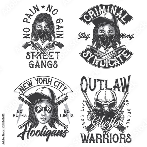 Criminal theme monochrome labels set with hand drawn illustrations of bandit girl, skull, knives, revolvers, baseball bats. Isolated on white background.