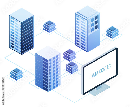 3d isometric concept big data center with server or hosting. Abstract design composition for website, banner, landing page. High technology vector illustration.