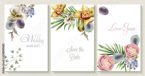 Vector Vertical wedding invitation card set with orchid flowers. Save the dat...