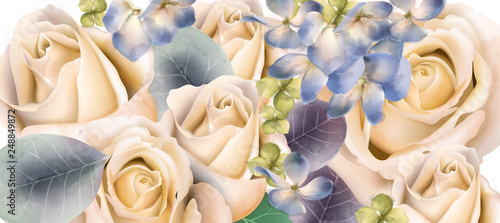 Cream roses bouquet Vector watercolor. Mother day background. Beautiful sprin...