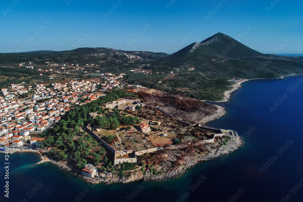 aerial view of Pylos historically also known under its Italian name Navarino, is a town and a former municipality in Messenia, Peloponnese, Greece