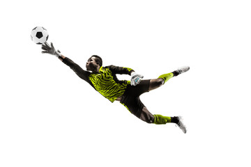 Male soccer player goalkeeper catching ball in jump. Silhouette of fit man with ball isolated on white studio background